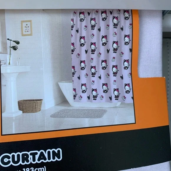 🎃Hello Kitty Halloween Shower Curtain-black cat & skull themed purple - Picture 3 of 4
